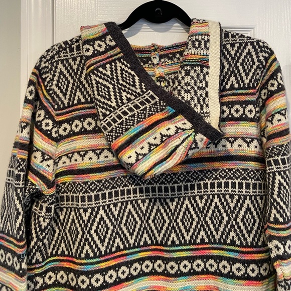 Monteau Size M Neon Stripe Black Cream Aztec Knit Open Front Hooded Cardigan - Picture 9 of 14